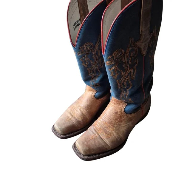 8.5 B J.B. Dillon Blue and Brown Cowboy Boots with Ornate Stitching - Picture 4 of 10